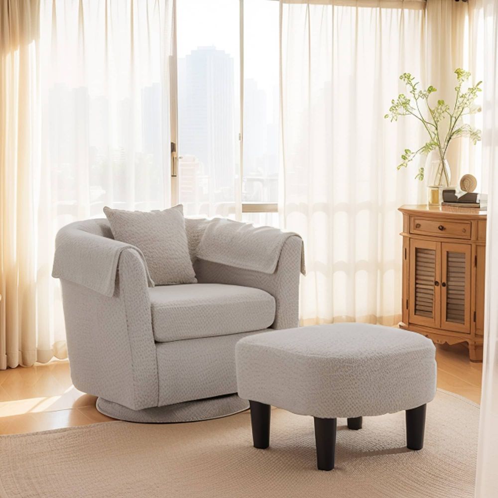 Swivel Accent Chair With Ottoman Set, Modern Chenille Barrel Armchair With Removable Back Pillow &amp; 2 Armrest Covers For Living Room, Bedroom, Of_voghion.com