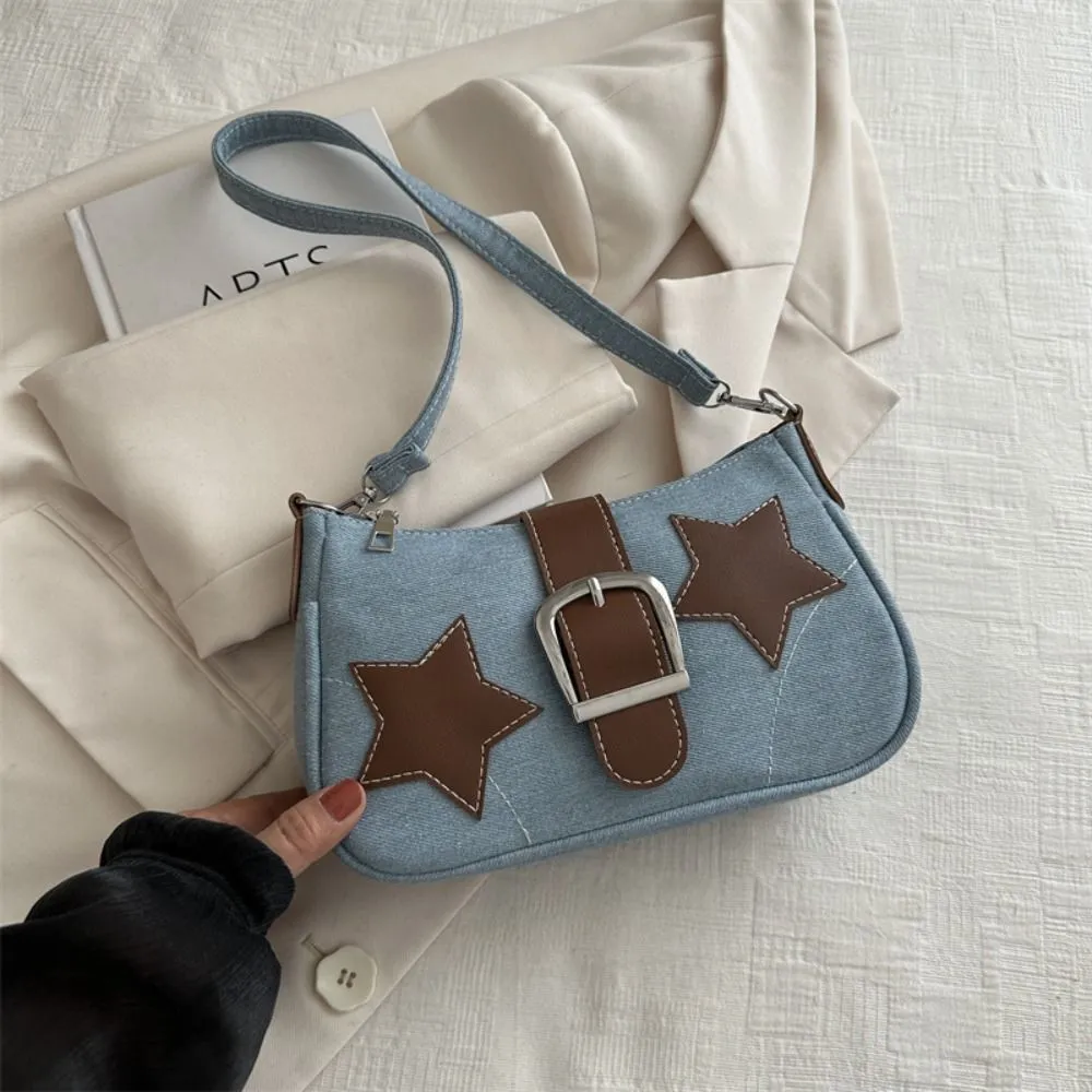 Borsa a tracolla minimalista con cerniera a forma di stella in PU Haruku Y2k, stile coreano, in denim, per ragazze_voghion.com