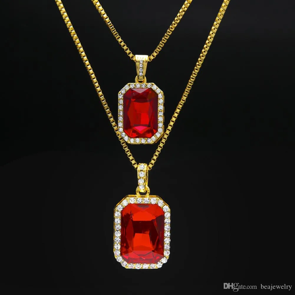 nuova moda 2 pezzi set argento placcato oro ghiacciato quadrato rosso rubino Blg strass ciondolo collana hip hop scatola portagioie_voghion.com
