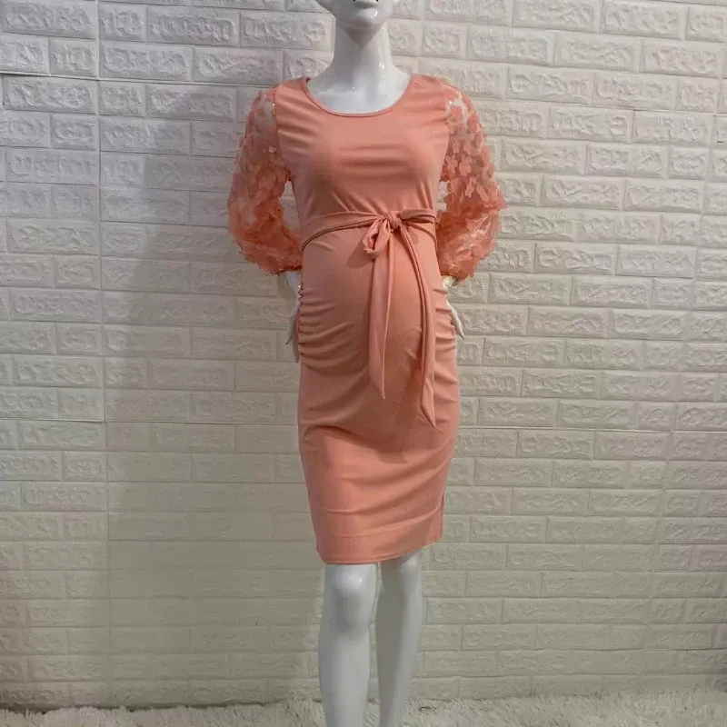 Women Flower Sleeved Photography Props Stretch Long Maternity Dresses for Pregnant Photo Shoot Clothing_voghion.com