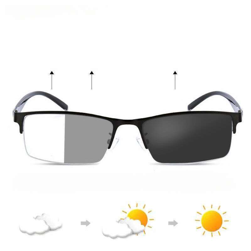 Metal Half-frame Colour-changing Myopia Men's Glasses, Outdoor Driving Anti-blue Light Protection Glasses_voghion.com