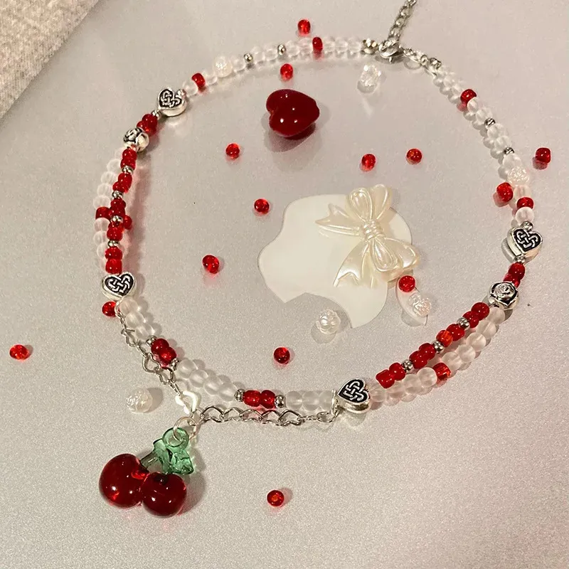 Collar con colgante de corazón y cereza mujer estilo y2k boho_voghion.com