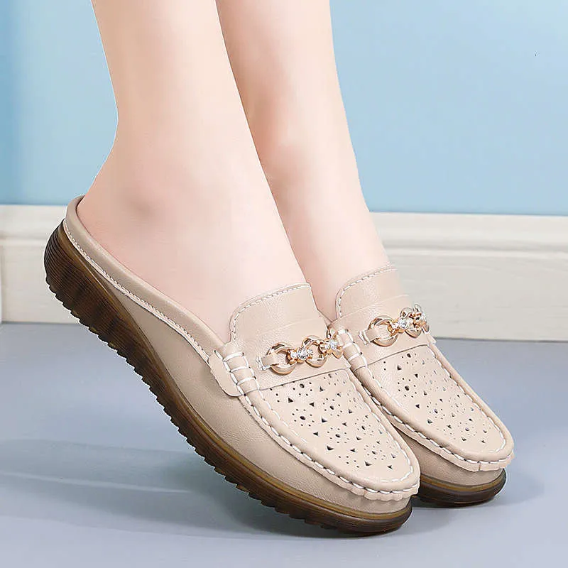 Leather all-match new flat Muller casual beef tendon soft sole perforated shoes 456_voghion.com