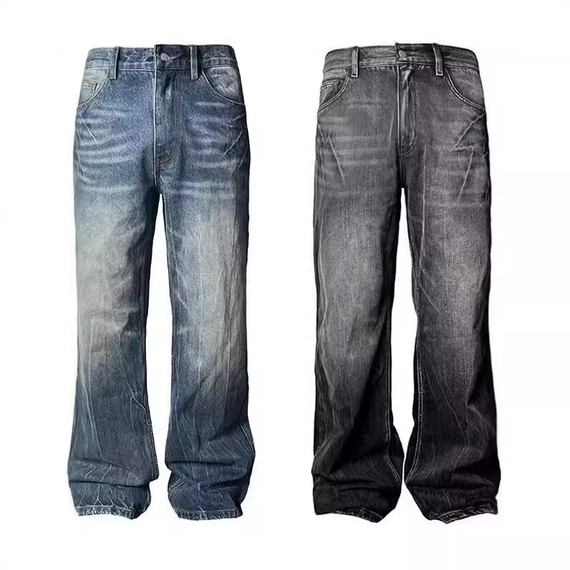 American Retro Dark Blue Lightning Cracked Jeans For Men And Women Loose Wide Leg Pants Washed Straight Flared Pants