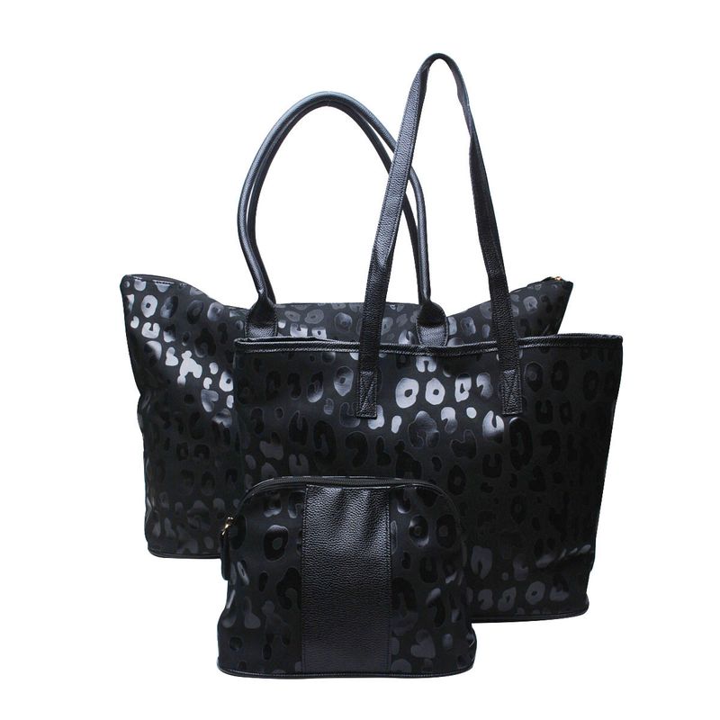 Große Kapazität, schwarze, leuchtende Leopardenmuster, dreiteilige Reisetasche, modische Urlaubsgepäcktasche, tragbare_voghion.com
