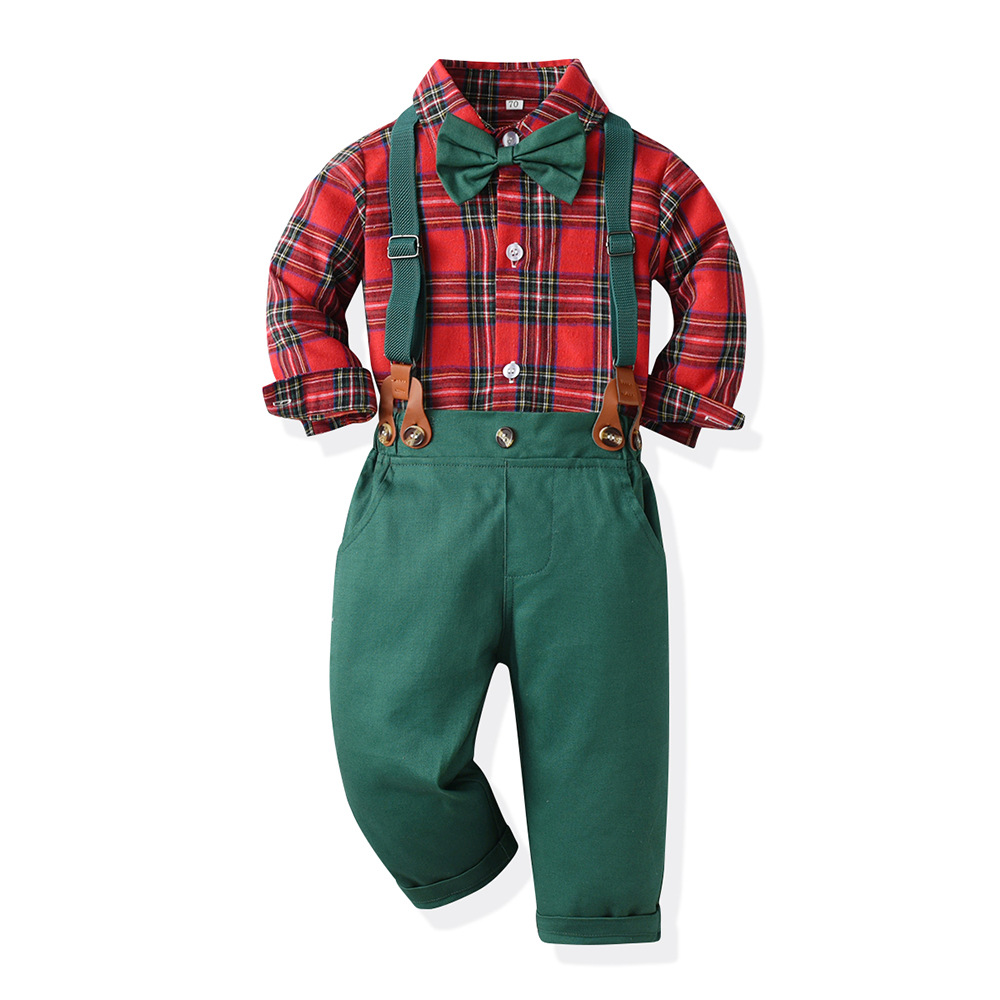 Kid's Clothing Boys suit new children Christmas gentleman dress long sleeve plaid shirt autumn and winter overalls