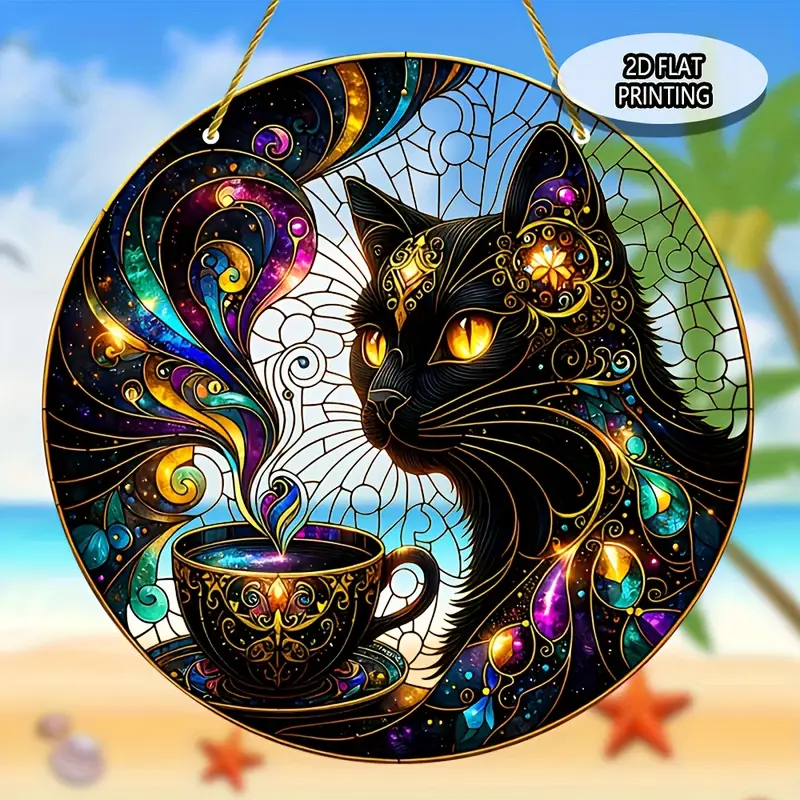 8x8in Black Cat Suncatcher - Colorful Acrylic Window & Wall Decor For Home, Garden & Wreaths_voghion.com