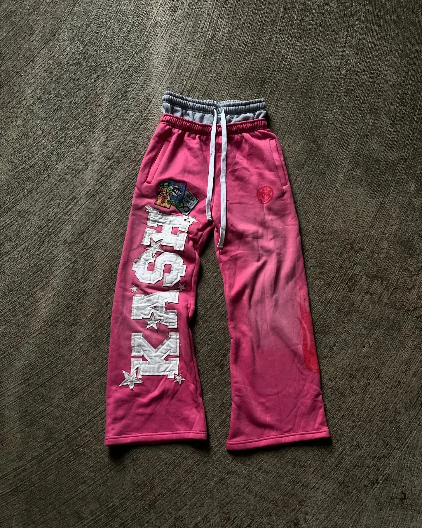 Vintage Red Double-layer Sports Y2K Mens Hip-hop Letter Patch Embroidered Loose Casual Elastic Waist Jogging Pants_voghion.com