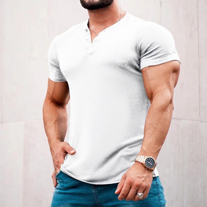 2023 Neues Sommer-T-Shirt für Herren, lässig, einfarbig, kurzärmelig, Rundhalsausschnitt, Pullover, Knopfleiste, Henley-Shirt_voghion.com