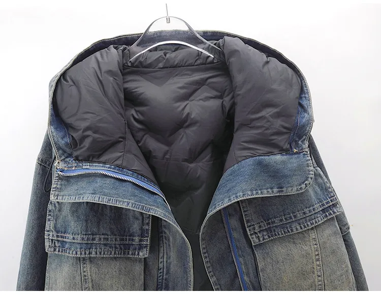Giacca da donna in denim di cotone invernale, corta, ampia, con cappuccio, blu vintage, con tasche grandi, in jeans, da cowboy_voghion.com