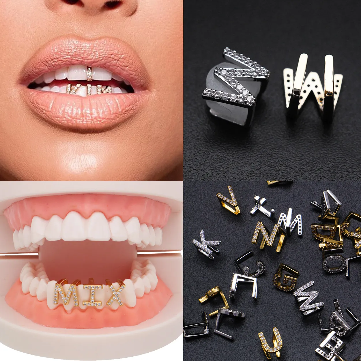& Oro bianco ghiacciato A-Z Lettera personalizzata Grillz Full Dia fai da te Fang Grills Dente inferiore Cap Hip Hop Dentale Bocca Denti_voghion.com