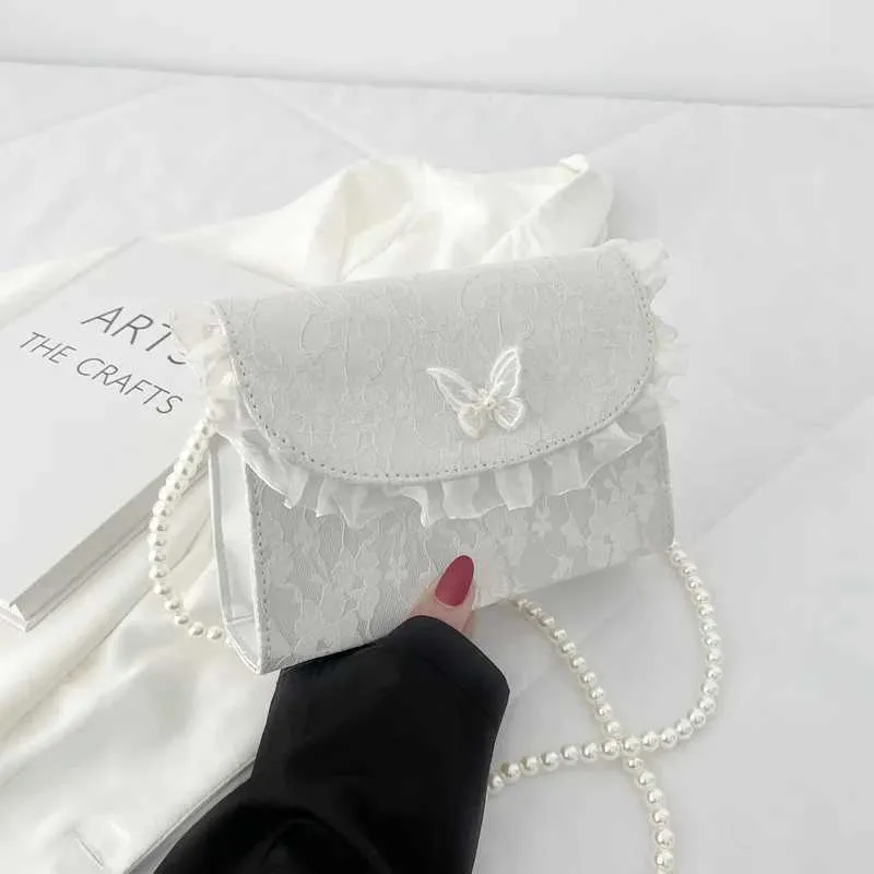 Borsa a tracolla in pizzo con cinturino in perle, elegante e semplice, con tracolla, in PU, sotto le ascelle, 2023, estate, bianca, Ba241212_voghion.com