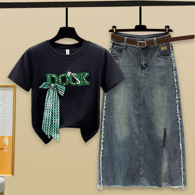 Women's Clothing new beaded bow short-sleeved T-shirt with split raw edge denim skirt