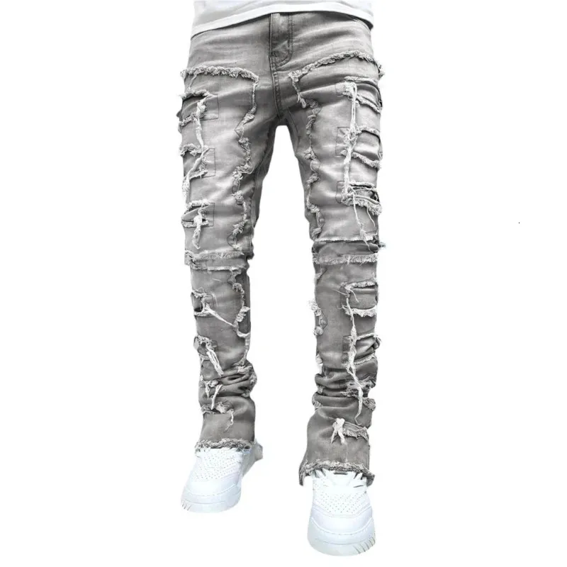 E15E Herren Stacked Jeans Fit Zerrissene Destroyed Gerade Jeanshose Vintage Hip Hop Hose Streetwear 240415_voghion.com