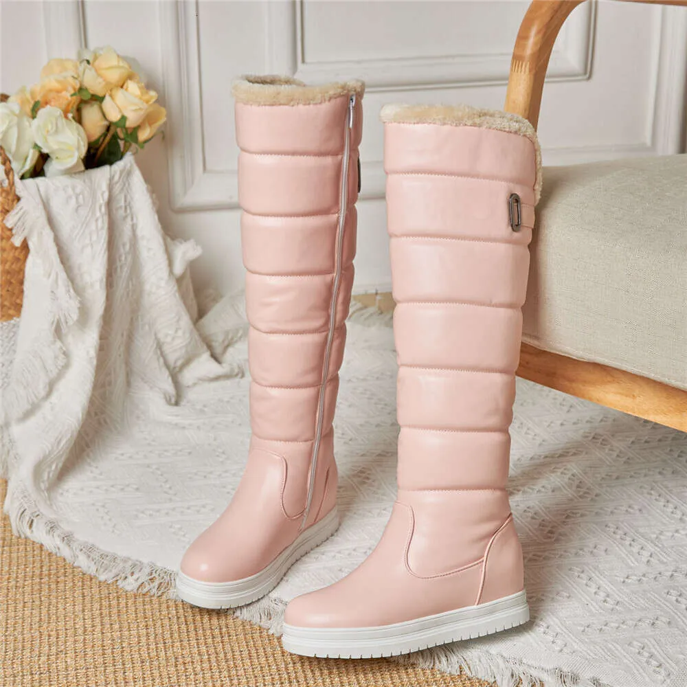 Winter Warm Rosa Weiß Schnee Frauen Schuhe 2024 Niedrigen Absätzen Knie Hohe Stiefel Weibliche Plattform Plüsch Lange Boote Mujer Schwarz_voghion.com
