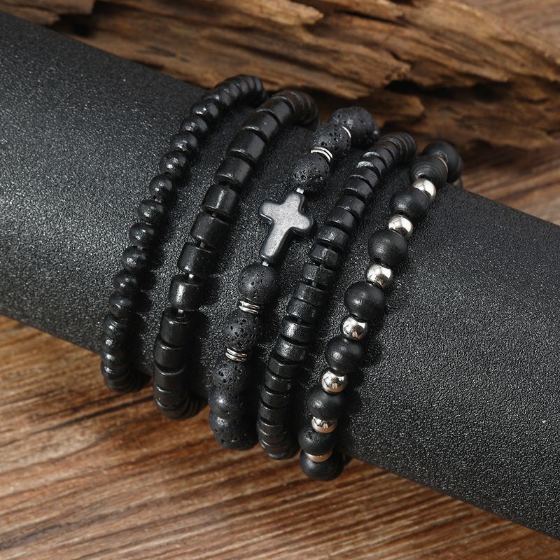 Fashion Dark Style Alloy Cross Wooden Bead E-commerce Men's Volcanic Stone Beaded Bracelet_voghion.com
