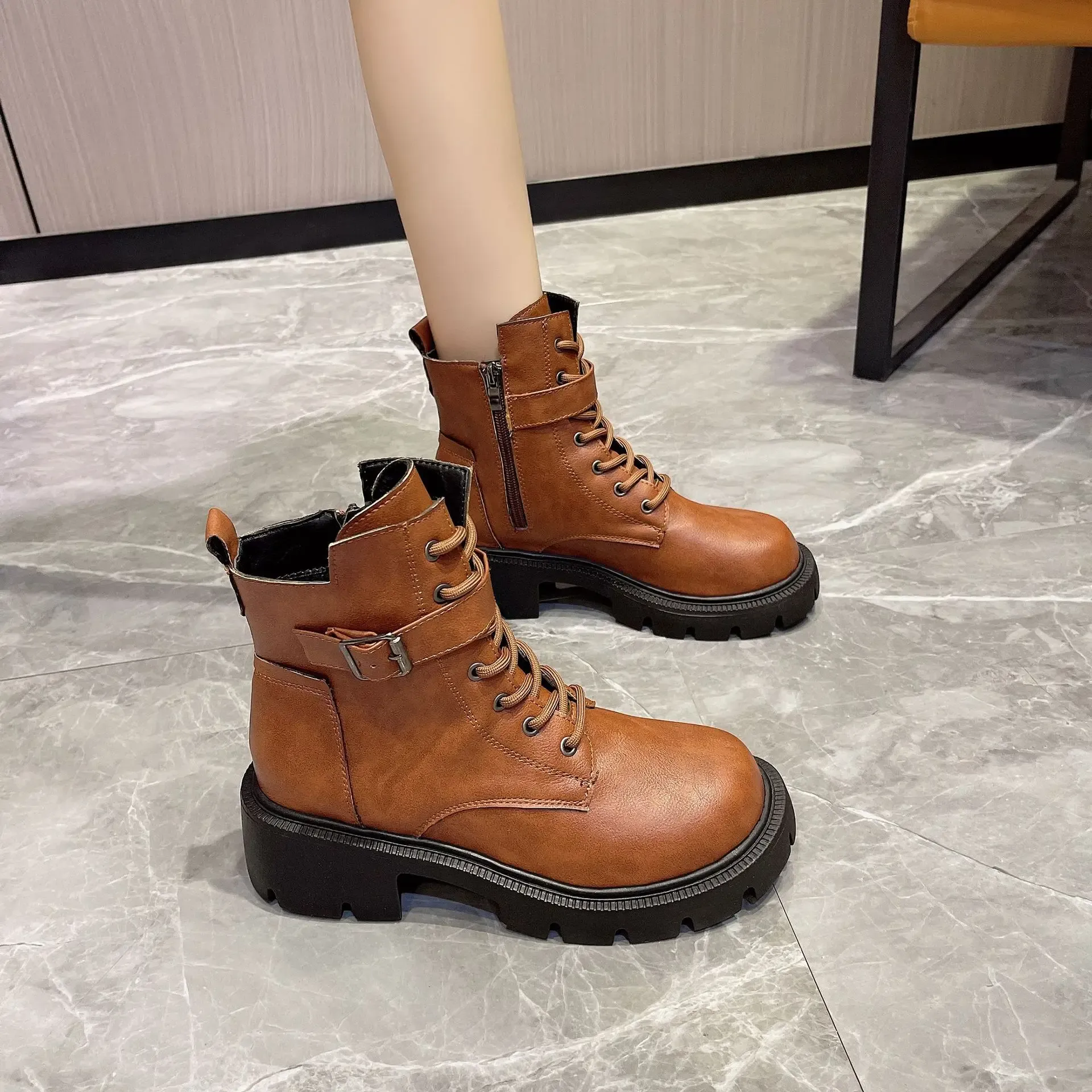 Botas cortas estilo británico para mujer, nuevas, de otoño/invierno, con cordones y cremallera, estilo motociclista, estilo retro, talla 43_voghion.com
