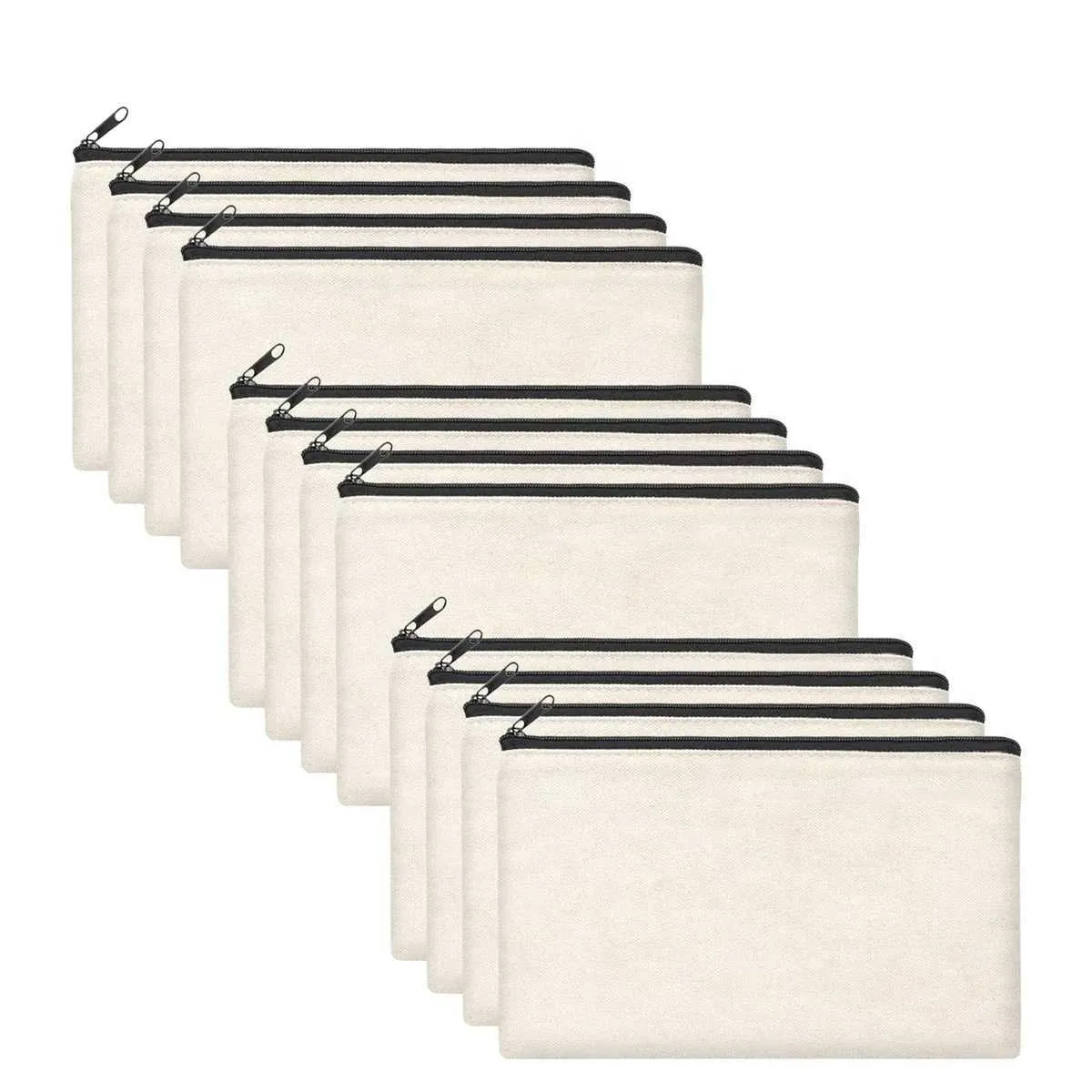12 DIY Blank Canvas Beige Bags with Zipper -8.3-inch x 5-inch Bulk Makeup Bag for Travel Storage and Stationery Y241023_voghion.com