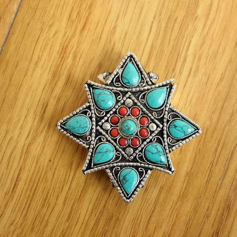 Collane con ciondolo PN009 Tibetano Argento Pietra colorata Anticato Stella Scatola di preghiera Collana Etnica Tibet Gau Amuleto Fatto a mano_voghion.com