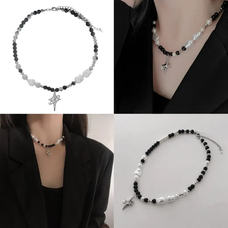 Ketten Frauen Mädchen Schwarz Weiß Perlen Halskette Barocke Perlenketten Stern Anhänger Choker Schmuck Geschenk Legierung Material für_voghion.com
