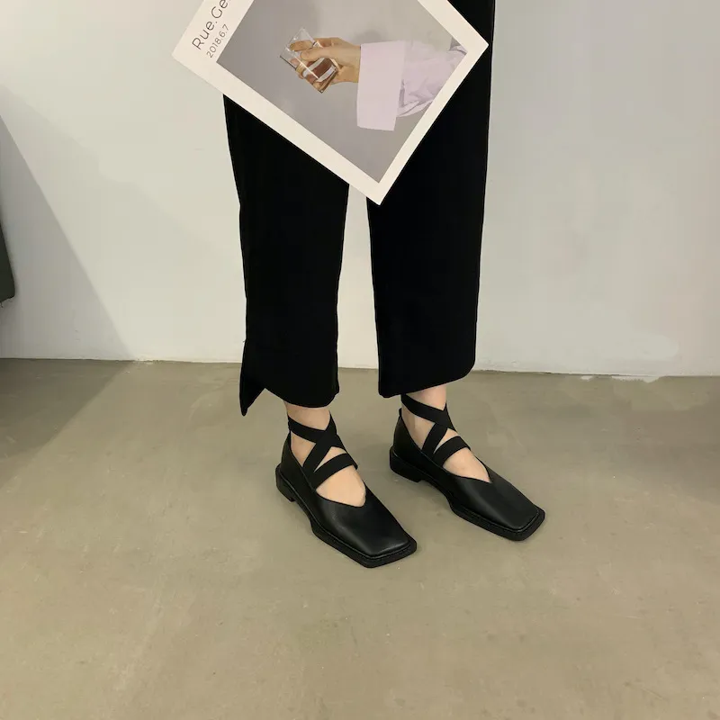 Mocassini singoli in pelle da donna, primavera 2022, nuovi, alla moda, con testa quadrata, fondo piatto, bocca bassa, scarpe basse_voghion.com