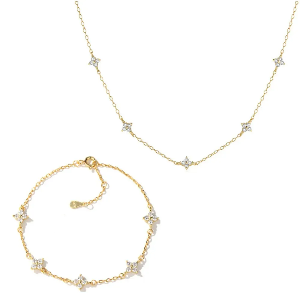 CCFJOYAS 100% Sterling Sier Piccolo Fresco Cinque Fiori Zircone Collana Bracciale Semplice Stile Coreano Gypsophila Gioielli Set_voghion.com