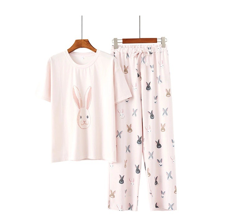 Nachtwäsche für Damen Pyjama für Damen, kurzärmelige Hose mit Cartoon-Katze und Kaninchen-Motiv, Heimanzug_voghion.com