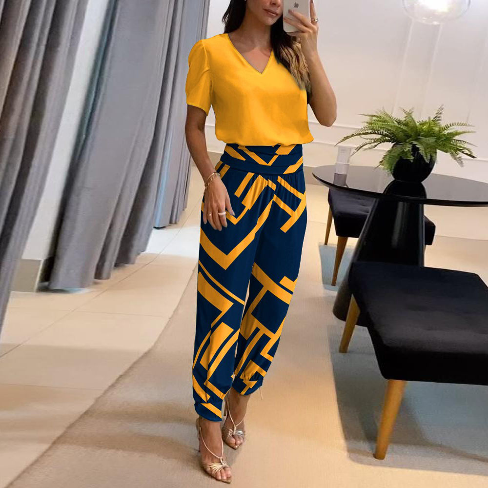 Ensemble deux pièces pour femmes, nouvelle mode et décontracté, col en v, imprimé, manches courtes, pantalon, deux pièces_voghion.com