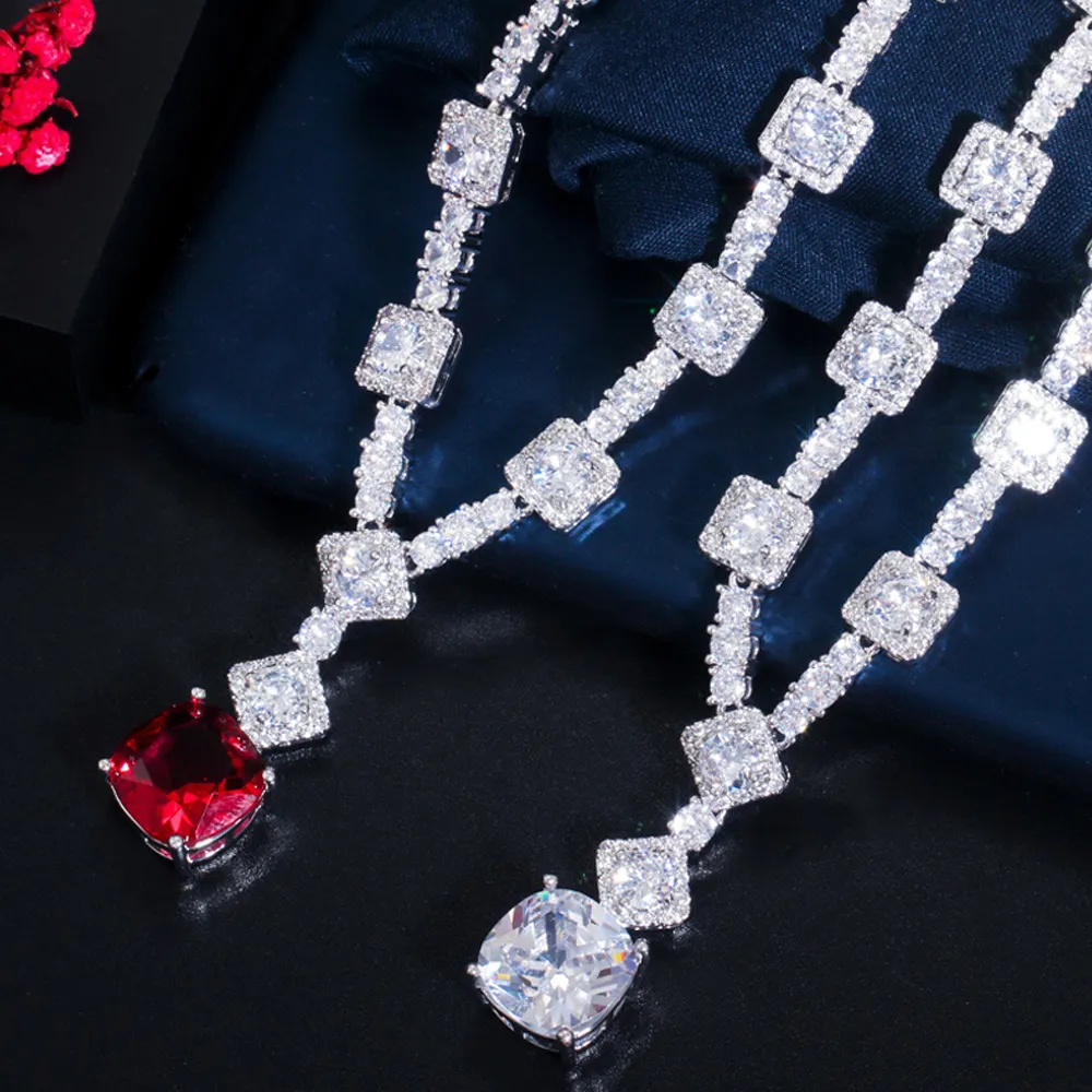 ThreeGraces Elegant Gul CZ Krystal Sier Farve Store Firkantede Dråbeøreringe Halskæde Bryllupsfest Smykkesæt til Kvinder_voghion.com