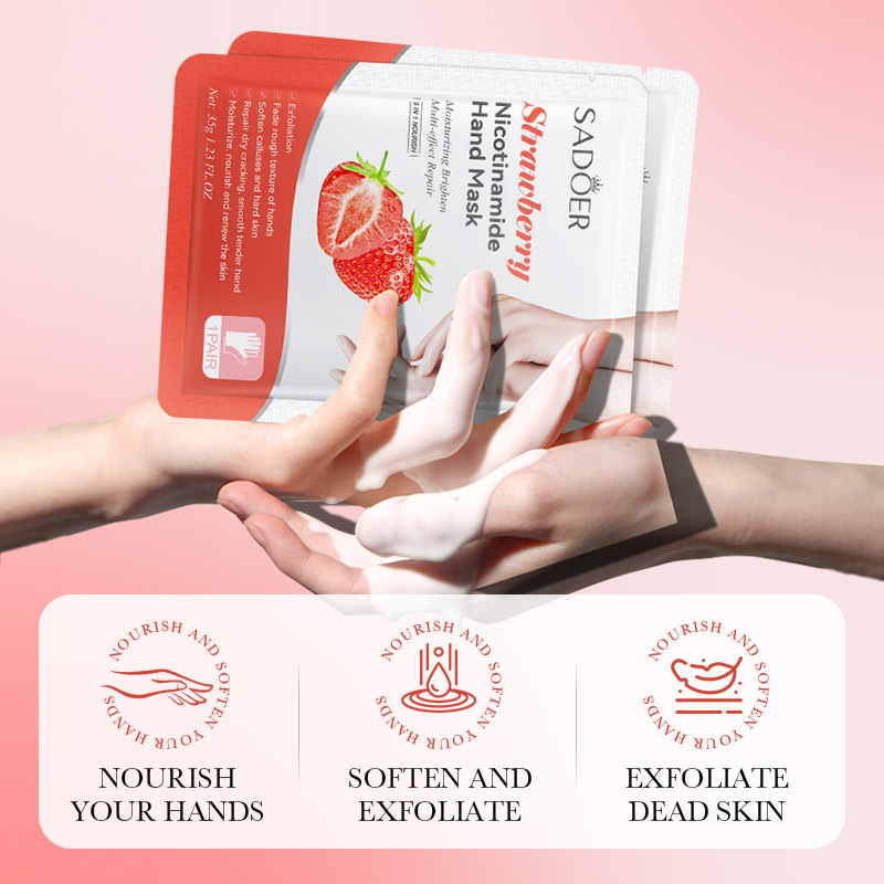 Full English SADOER Strawberry Niacinamide Soft Bright Hand Mask Moisturizing And Rejuvenating Gloves Cross-Border_voghion.com