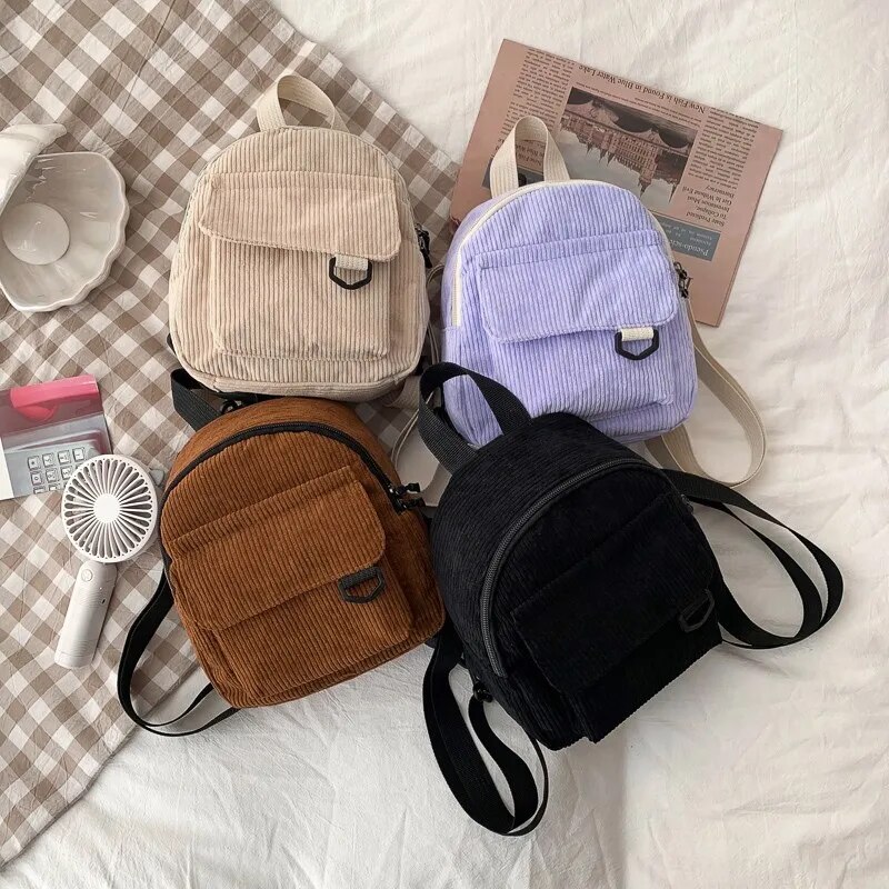 Mode Frauen Mini Rucksack Einfarbig Cord Kleine Rucksäcke Einfach Casual Student Bookbags Reisen Rucksäcke 2022_voghion.com