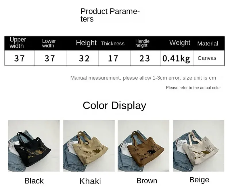 Große Tragetasche für Damen zum Einkaufen, Aufbewahren, Pendeln, Canvas-Handtasche, Cartoon-Katzen-Aufdruck, tragbare_voghion.com