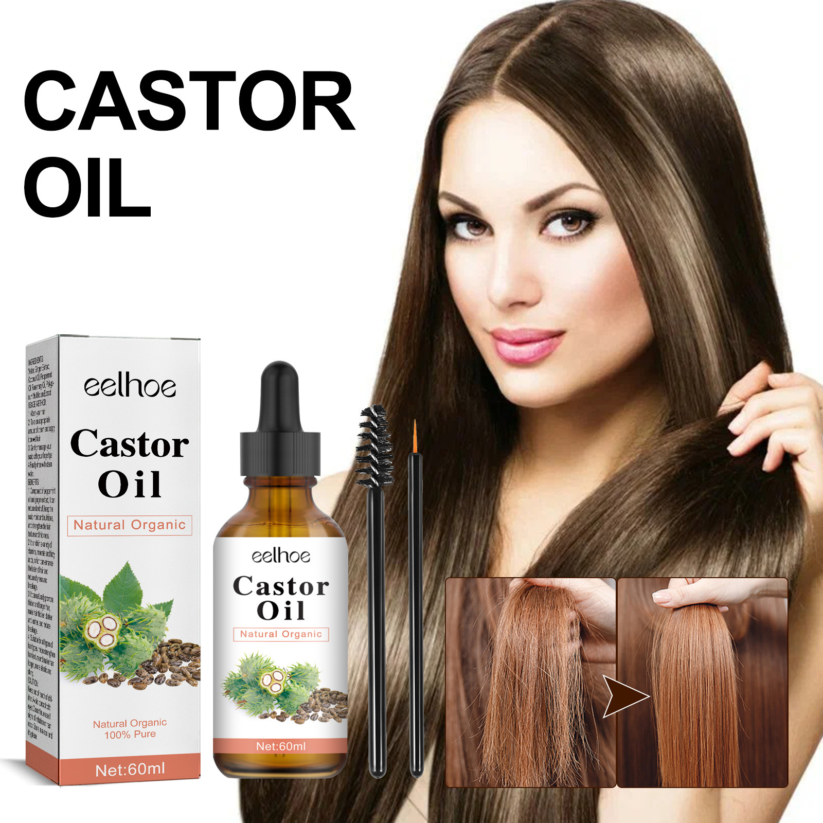 EELHOE castor essential oil  moisturizing pairing dry rough stngthening firming hair, pventing loss and hair_voghion.com