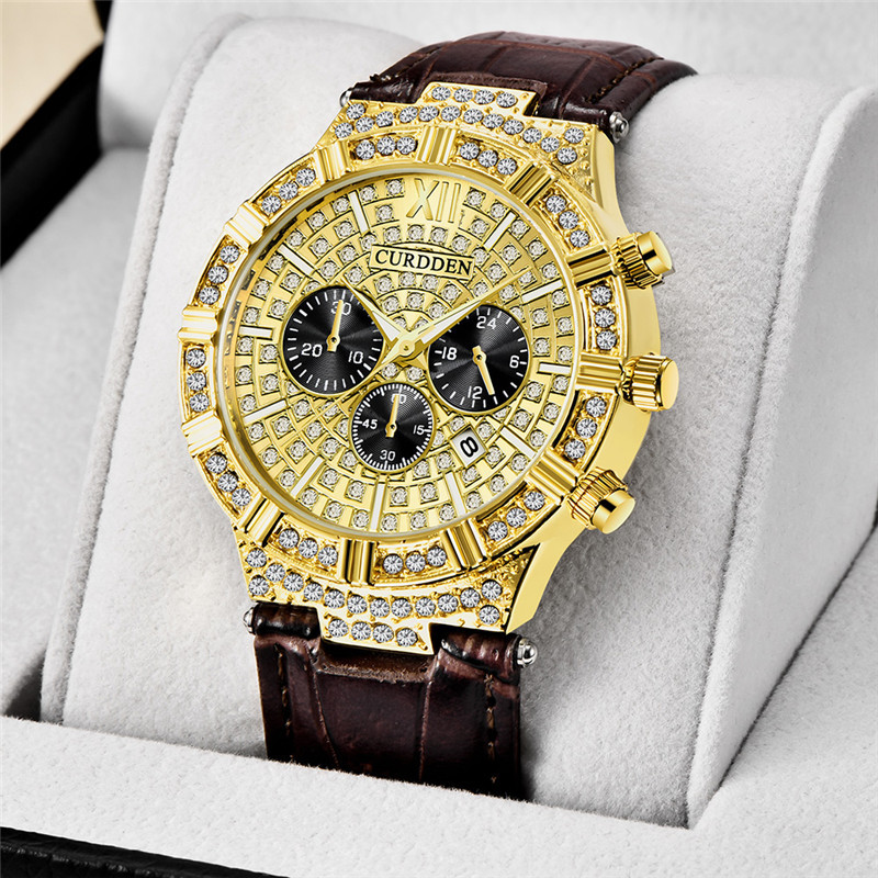 CURDDEN Brand Men's Leather Band Diamond Date Quartz Watches_voghion.com