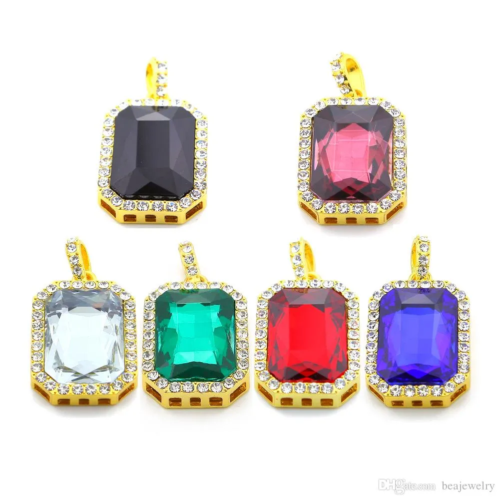nuova moda 2 pezzi set argento placcato oro ghiacciato quadrato rosso rubino Blg strass ciondolo collana hip hop scatola portagioie_voghion.com