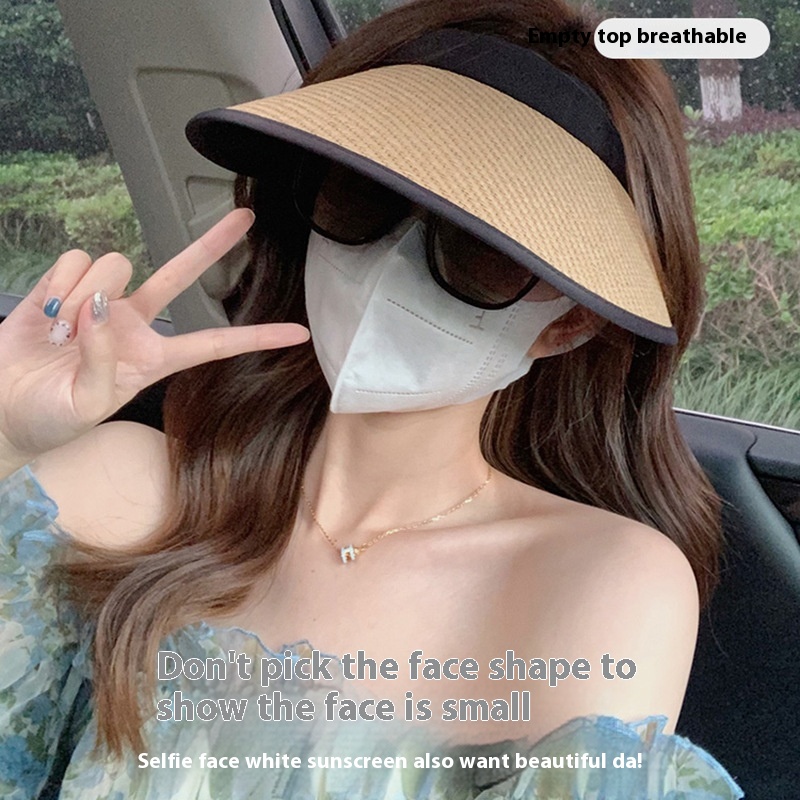 Spring New Hardtop Straw Weaving Empty Top Women's Big Eaves and UV Summer Cycling Sun Protection Hat_voghion.com
