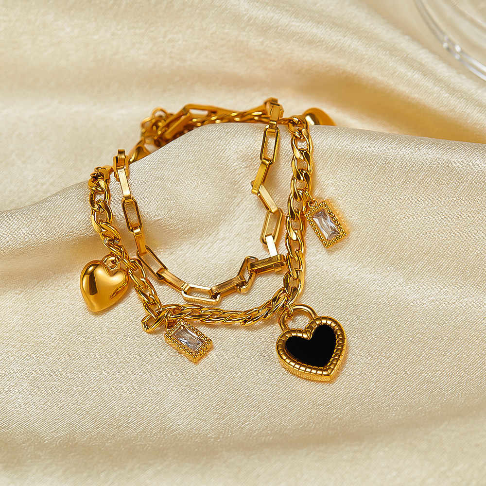 Double Layers Loving Heart Mother Shell Twin Chain Stainless Steel Bracelet_voghion.com