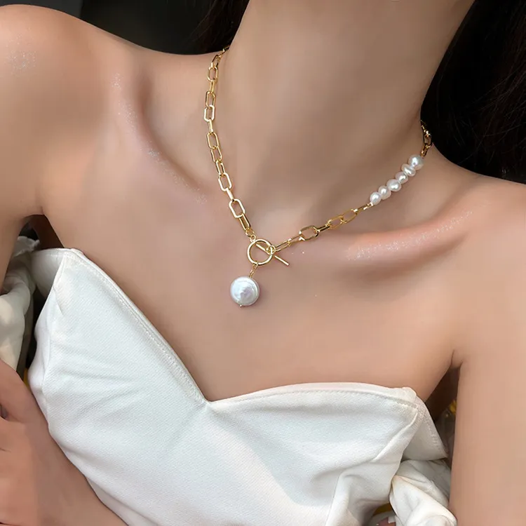 Collier asymétrique en or 14 carats avec perles d'eau douce baroques naturelles pour femme, bijoux originaux, cadeaux non_voghion.com
