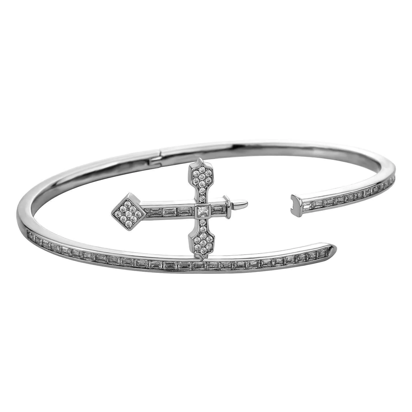 Sword Of Justice Symble Open Cuff Bangle Bracelet Ins Hip Hop Cross Green Purple Color AAA CZ Stone Shiny Cubic Zirconia_voghion.com