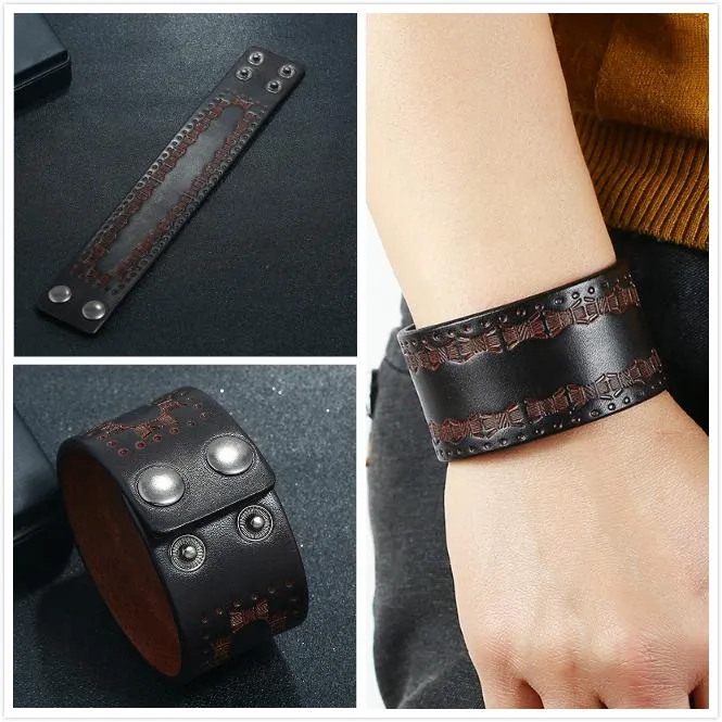 Nuovi braccialetti da uomo neri con polsino in vera pelle, con motivo semplice, incisi, in pelle, regali per ragazzi_voghion.com