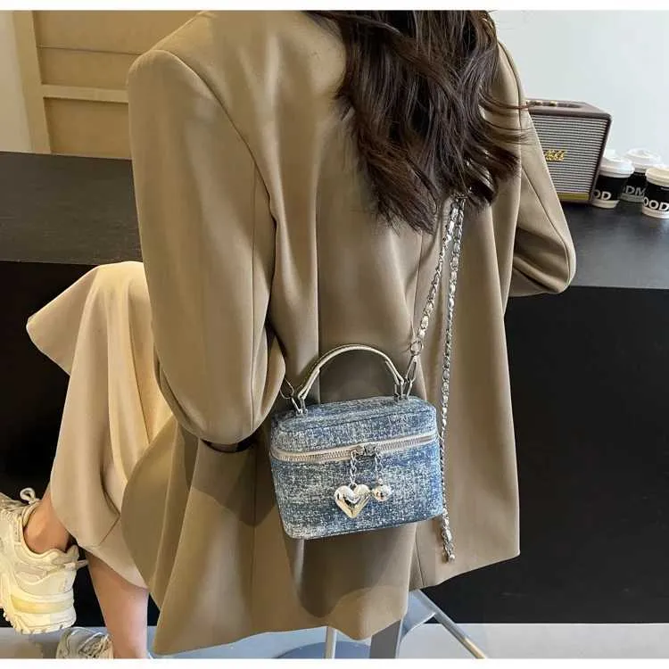 Vintage Denim Crossbody Bag Women Casual Fashion Flap Beads Box Short Handle Bags Female Versatile Commute Chain_voghion.com