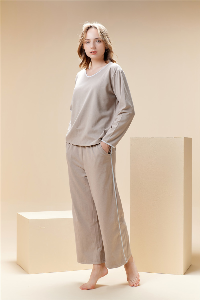 Fløjl pyjamas sæt til kvinder v-hals pullover hjemmetøj sæt_voghion.com