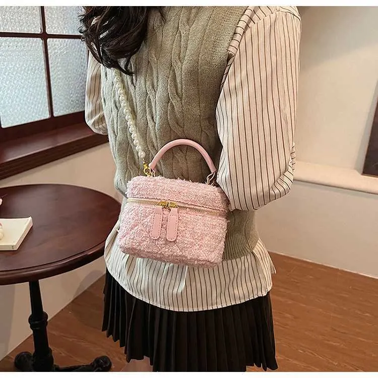 Mini Umhängetasche Für Damen Tweed Karo Klappentasche Perle_voghion.com
