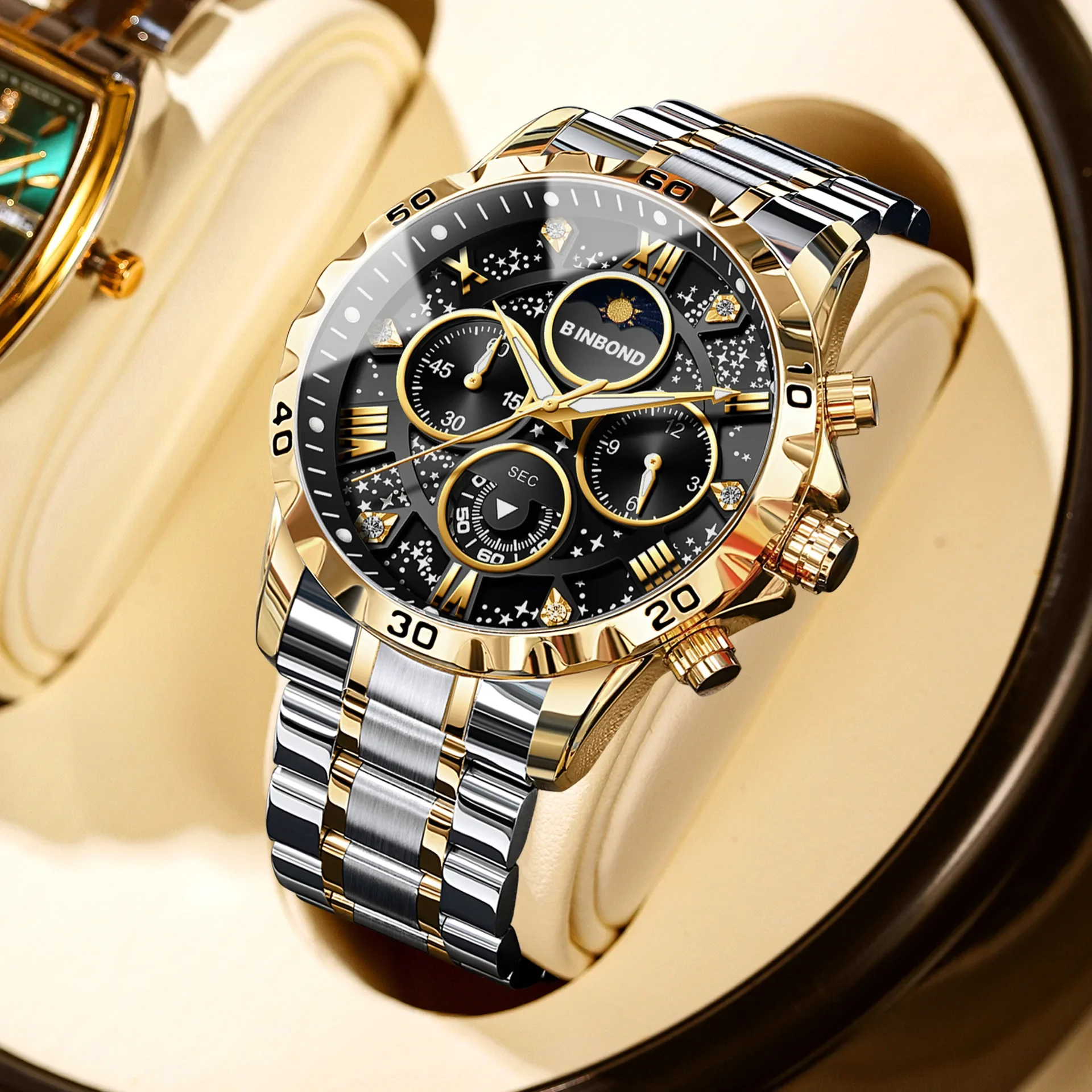 Montre homme quartz multifonction phase de lune acier doré_voghion.com