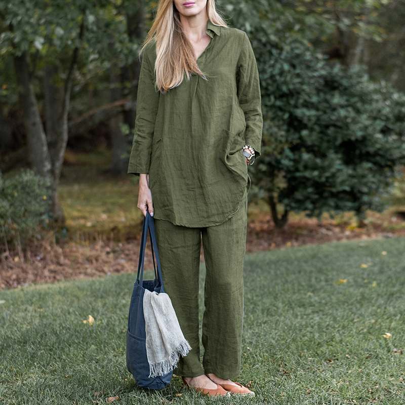 Women's shirt wide-leg pants solid color elegant casual retro suit_voghion.com