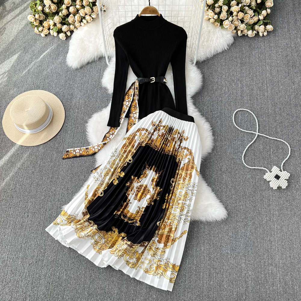 Traje de moda para mujer, cuello alto, top de punto ajustado, conjunto de dos piezas, falda plisada con estampado barroco de cintura alta