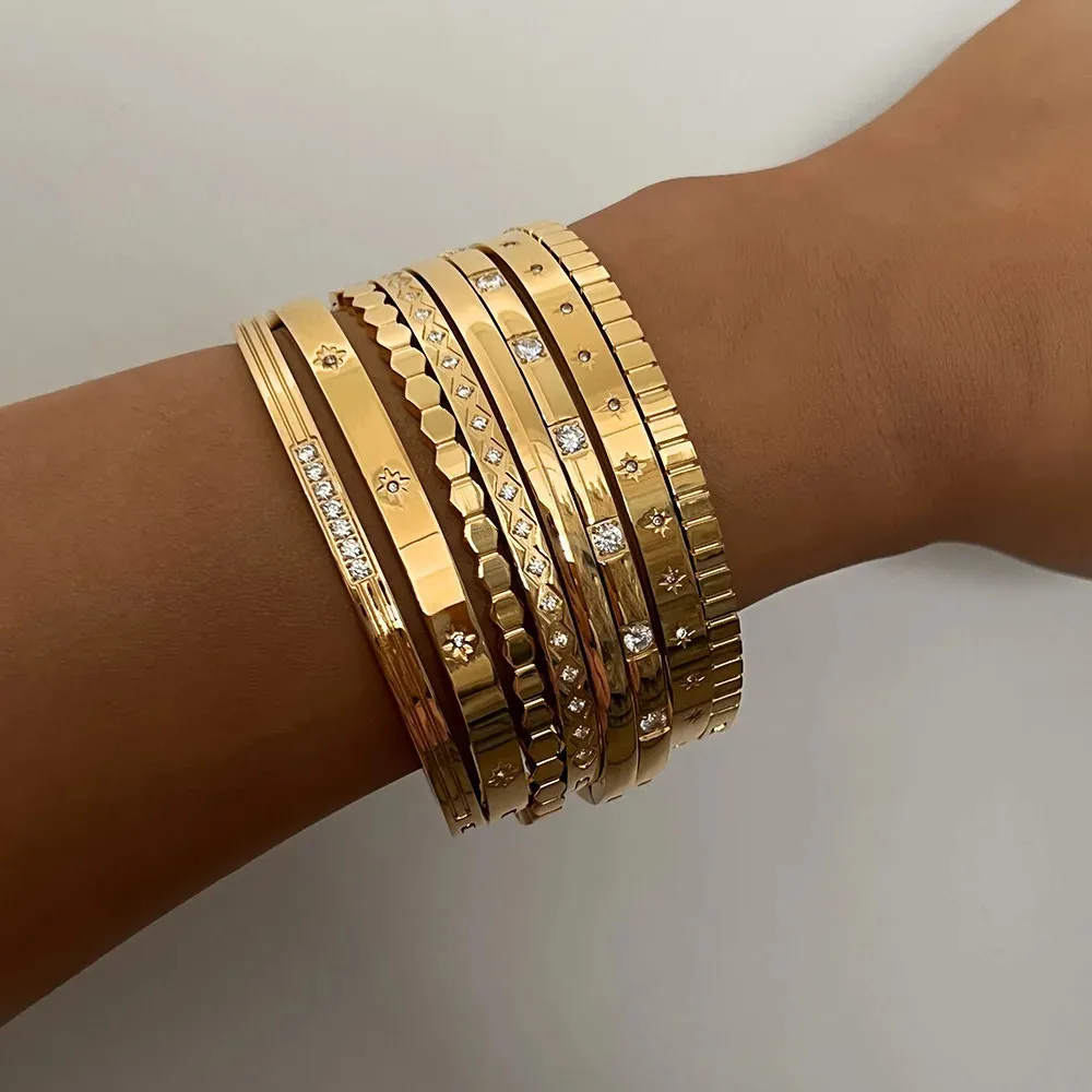 Bangle Bracelet Waterproof White Cubic Zirconia Gold Plated_voghion.com