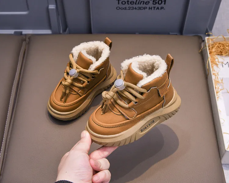 Toddler PU Leather Snow Children Thick Warm Boy's Cotton Anti-slip Girl Fur Boots For Cutefeet Kids Winter Plush Shoes_desvips.com