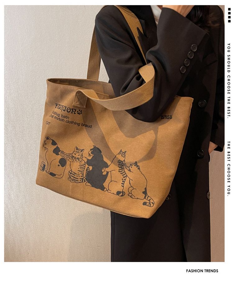 Große Tragetasche für Damen zum Einkaufen, Aufbewahren, Pendeln, Canvas-Handtasche, Cartoon-Katzen-Aufdruck, tragbare_voghion.com