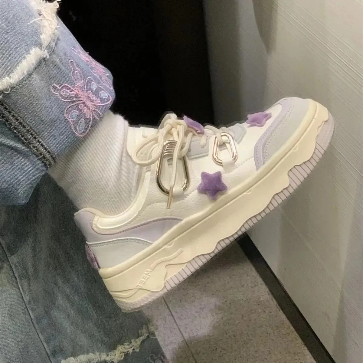 Sneakers con plateau viola da donna, scarpe kawaii, casual, vintage, sportive, da tennis, da donna, piatte, coreane, carine, vulcanizzate_voghion.com